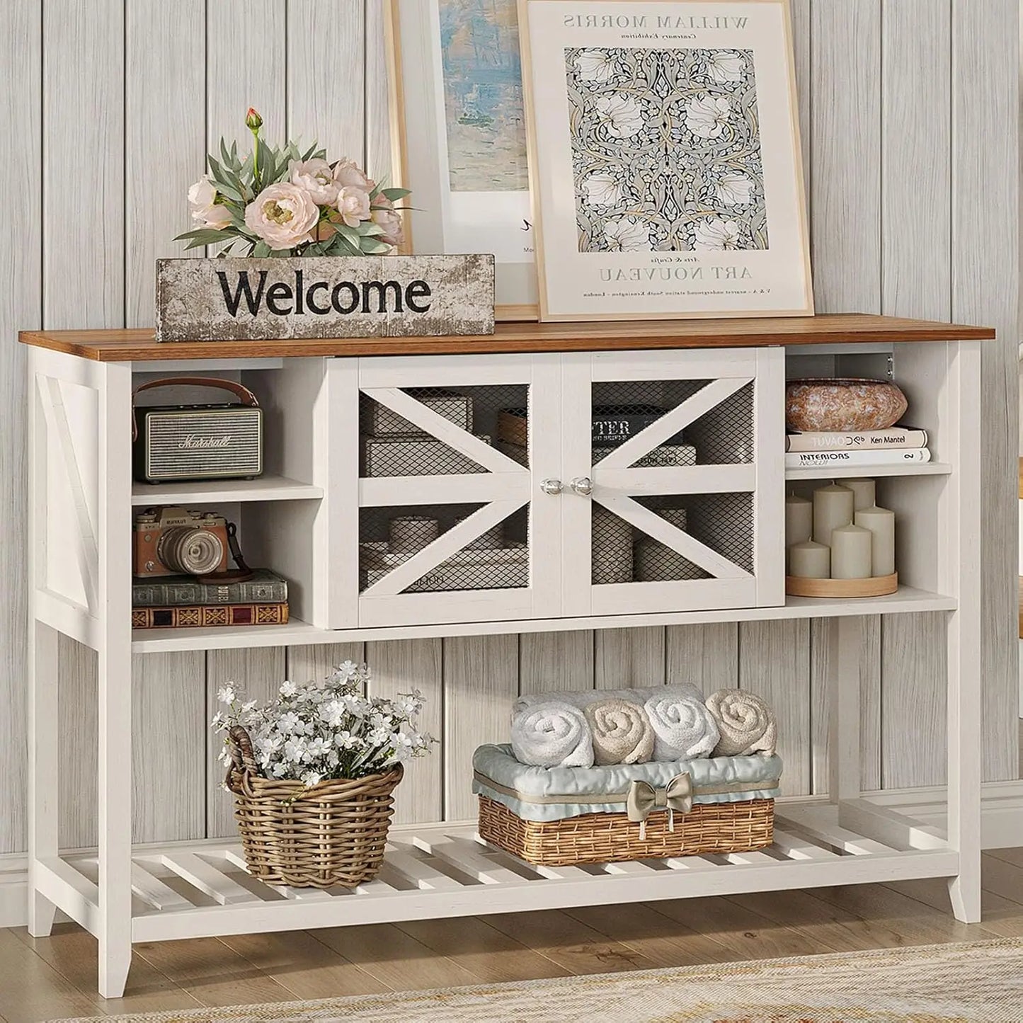 Vabches Entryway Table with 2 Screen Doors&5 Open Storage Shelves&Sturdy Legs White Wood Console Table for Living Room Hallway