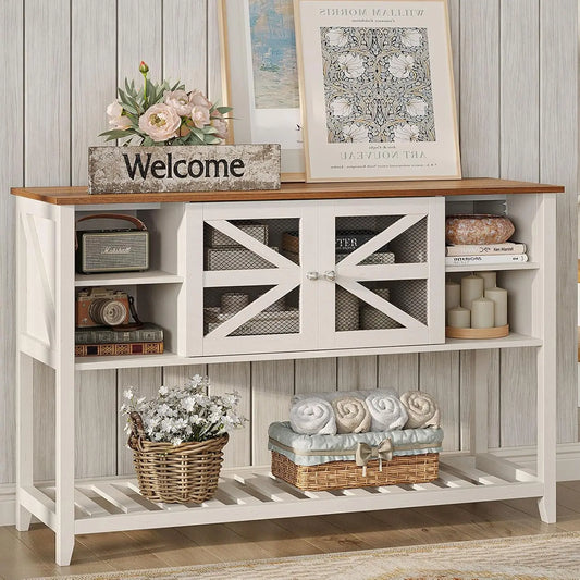 Vabches Entryway Table with 2 Screen Doors&5 Open Storage Shelves&Sturdy Legs White Wood Console Table for Living Room Hallway