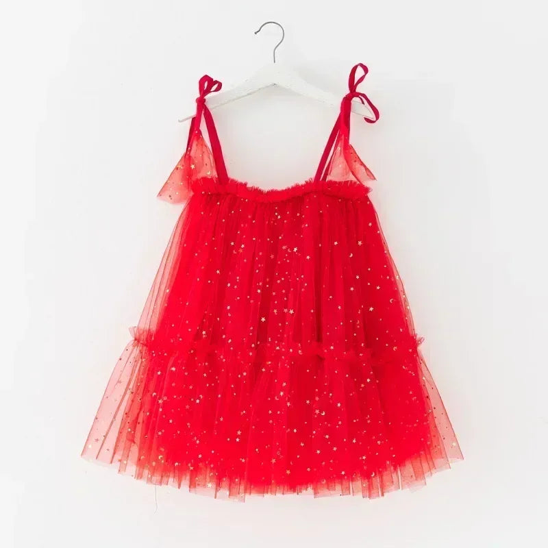 Christmas 2025 Girls Cute Fly Sleeve Star Printed Mesh Puffy Dress Halloween Children Party Photograph Princess Dress 1-6T