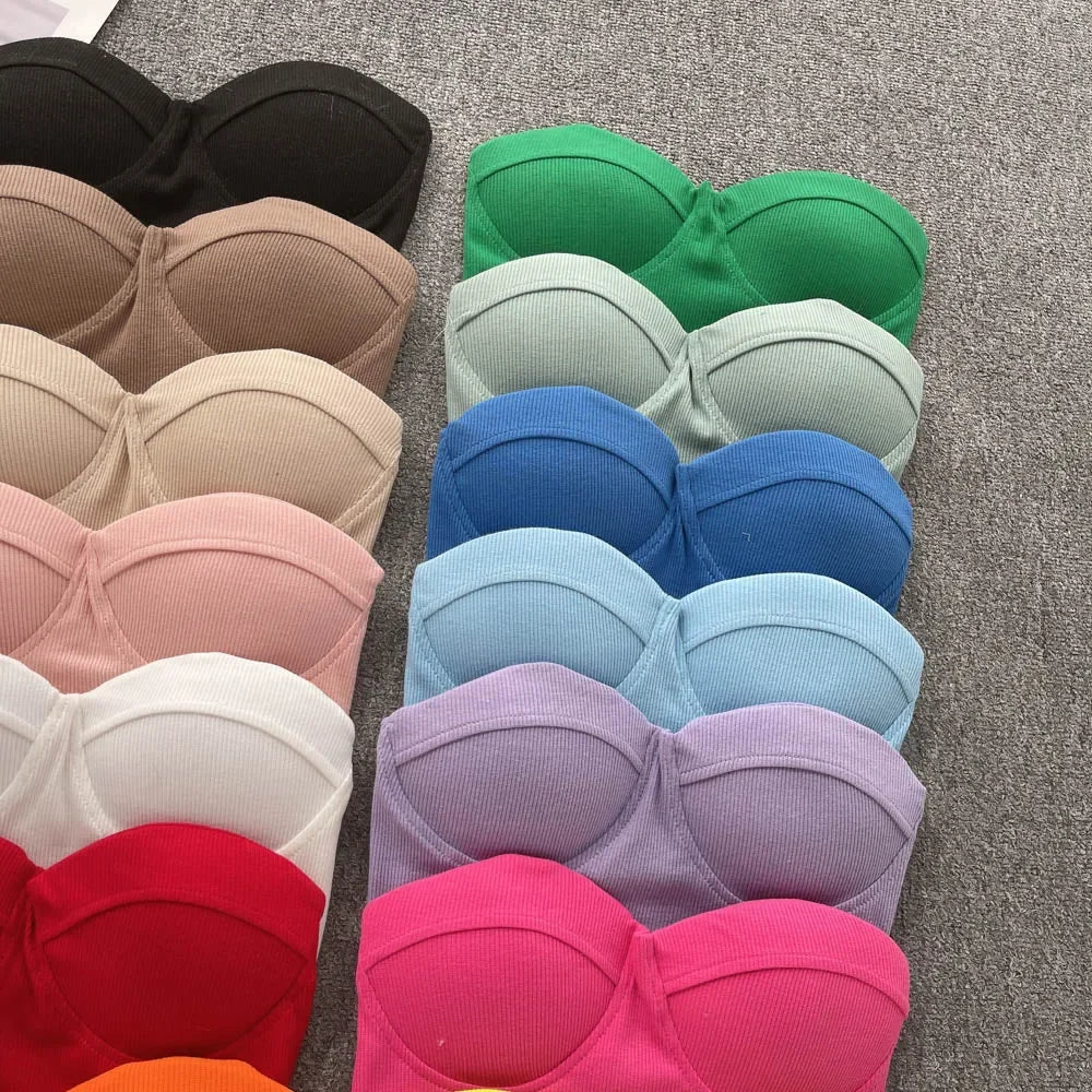 Strapless Western Style Skinny Tanks Camis for Women Summer Casual Solid Colours Female Corset Crop Tube Tops with Built In Bras