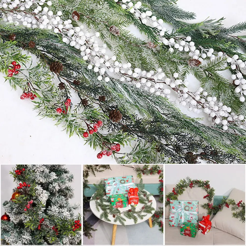 Gift Xmas Tree Ornament Leaves Branches Artificial Red Berries Christmas Decorative Garland Pine Cones Vine Hanging Wreath