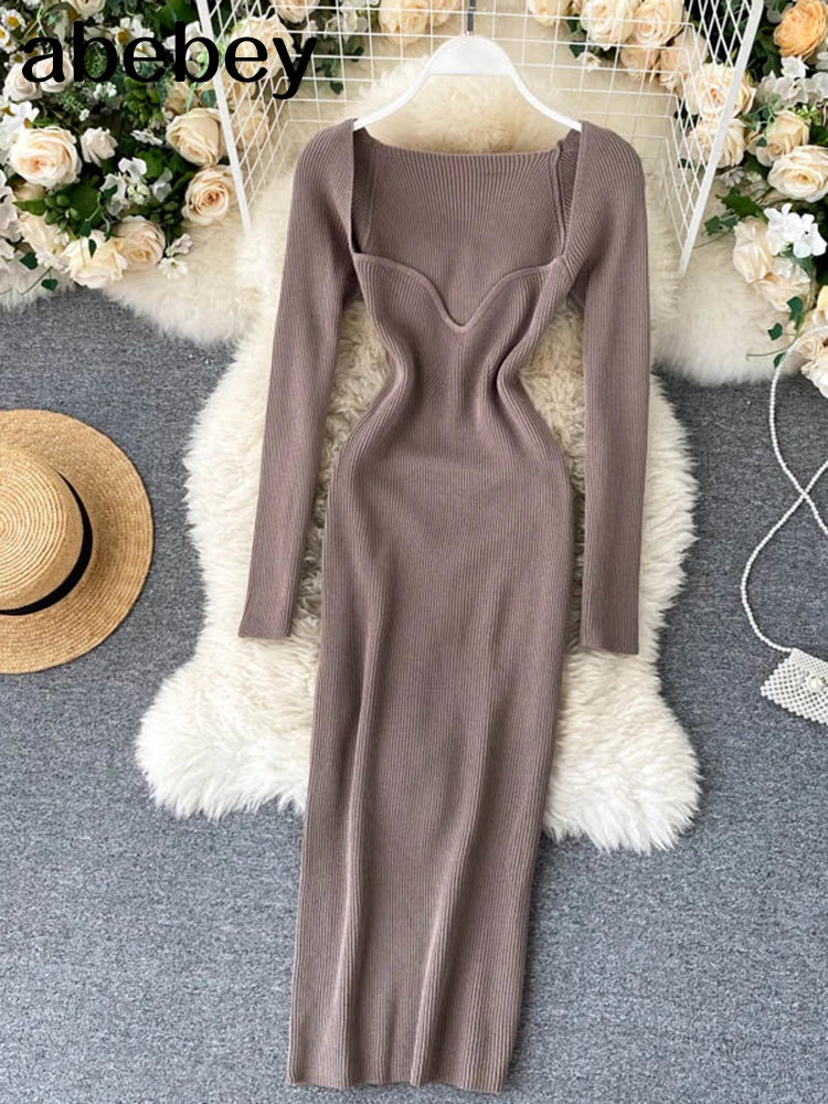 Dresses For Women 2026 Sexy Strapless Ribbed Knitted Bodycon Dress Women Winter Long Sleeve Midi Sweater Dress Clothes