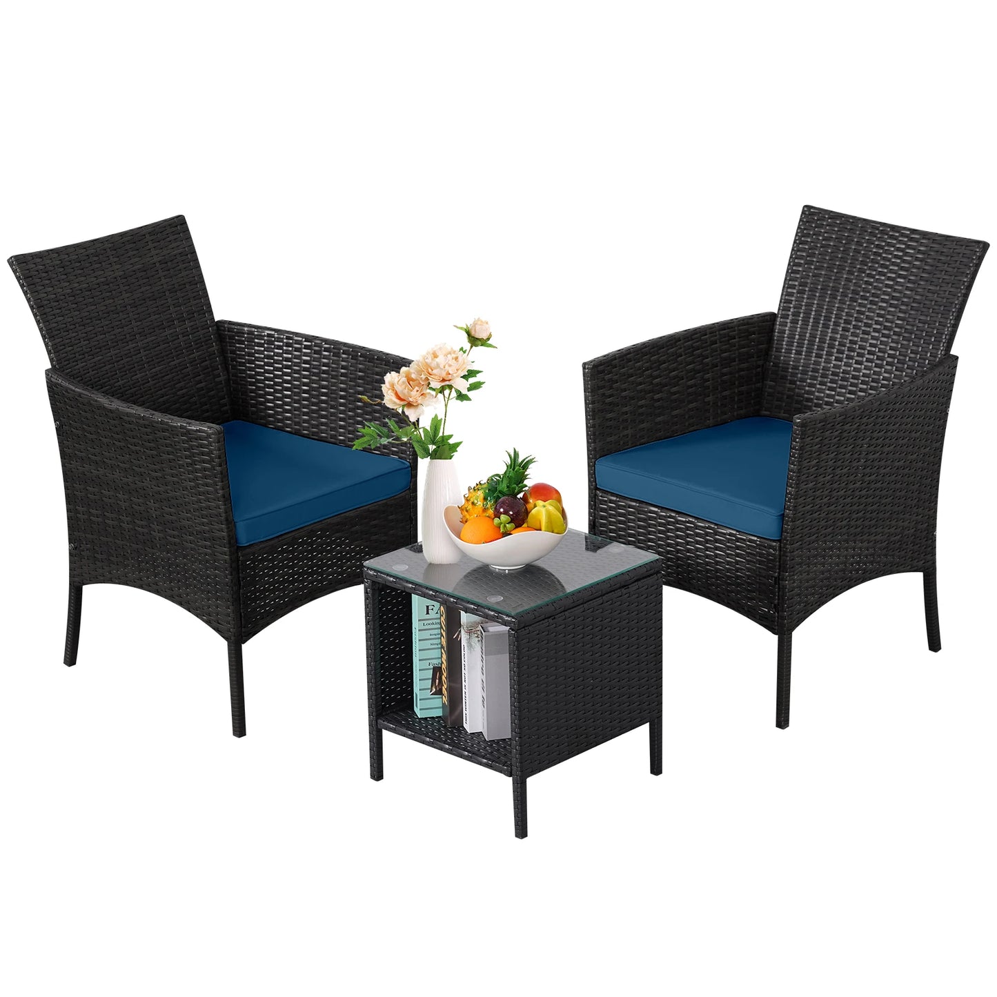 NAGA BAHNA 3-Piece Bistro Set Outdoor Patio Furniture Rattan Chairs Table Soft Cmats Tempered Glass Durable Comfortable Garden