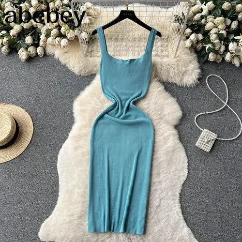 Summer Knit Sexy Strap Dress Women Tank Elatic Waist Bodycon Sundress Female Beach  Backless Maxi Long Dress