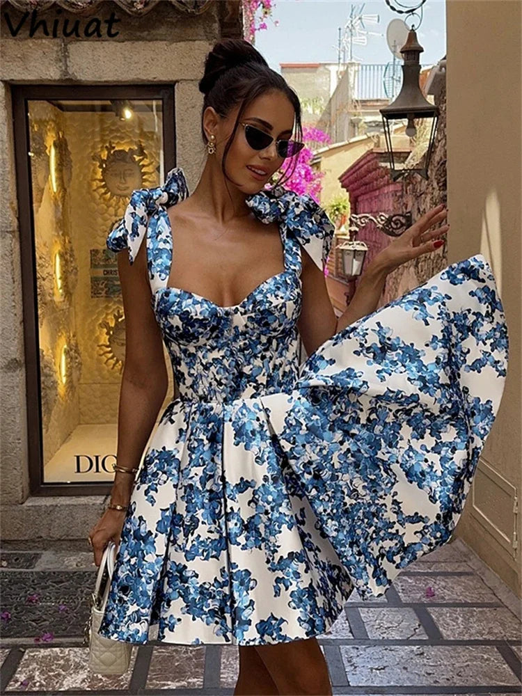 Vhiuat Blue Floral Print Cute Elegant Off Shoulder Mini A-Line Dress Lace Up Fashion Women Party Evening Dresses Summer 2024