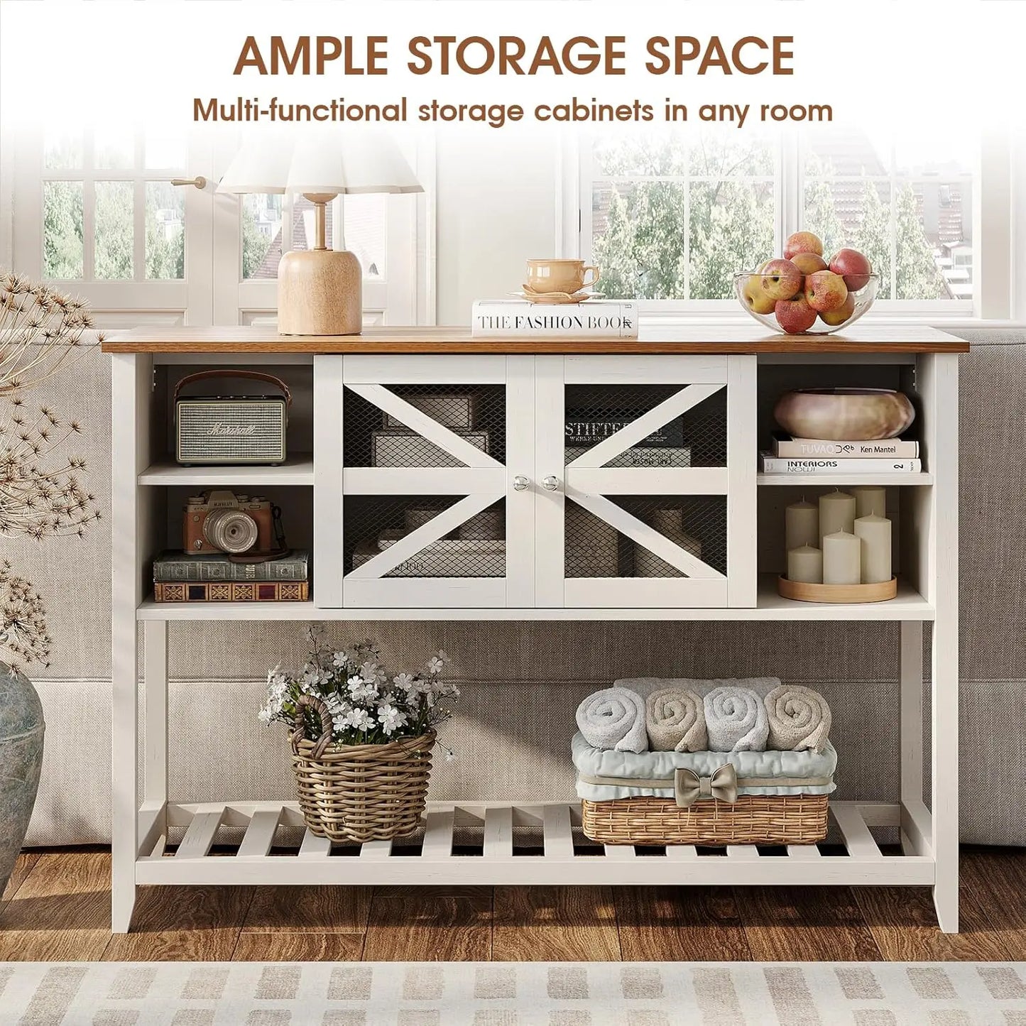 Vabches Entryway Table with 2 Screen Doors&5 Open Storage Shelves&Sturdy Legs White Wood Console Table for Living Room Hallway