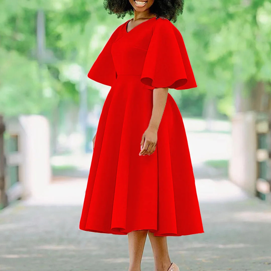 Elegant Party Dresses for Women V Neck Ruffles Sleeve High Waisted Pleated Mid Calf Luxury Birthday Dinner Vestidos Mujer Dress