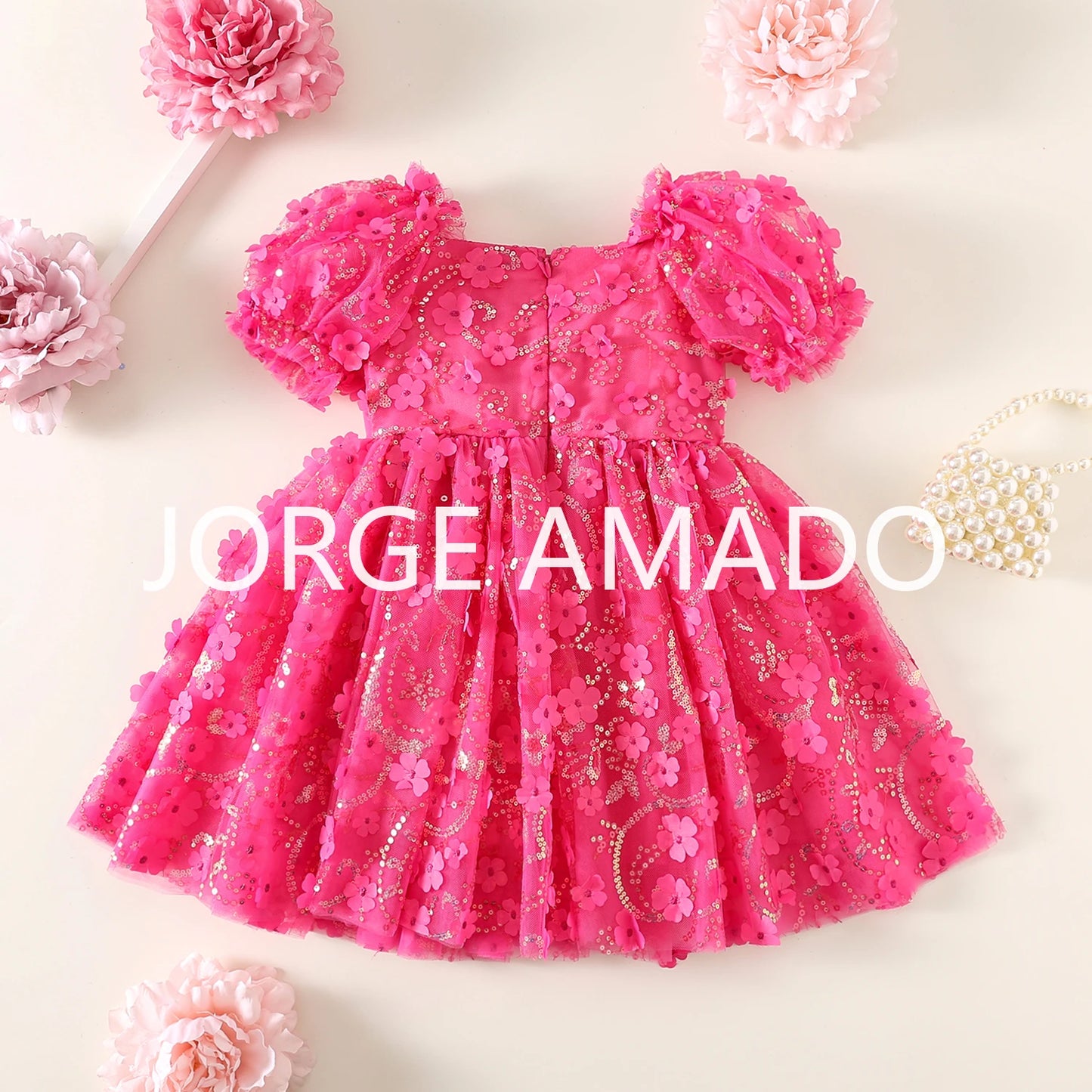 New Summer Teenager Girl's Dress Short Puff Sleeves Square Collar Appliques Large Bow Sequin Mesh Princess Lovely Clothing H7004