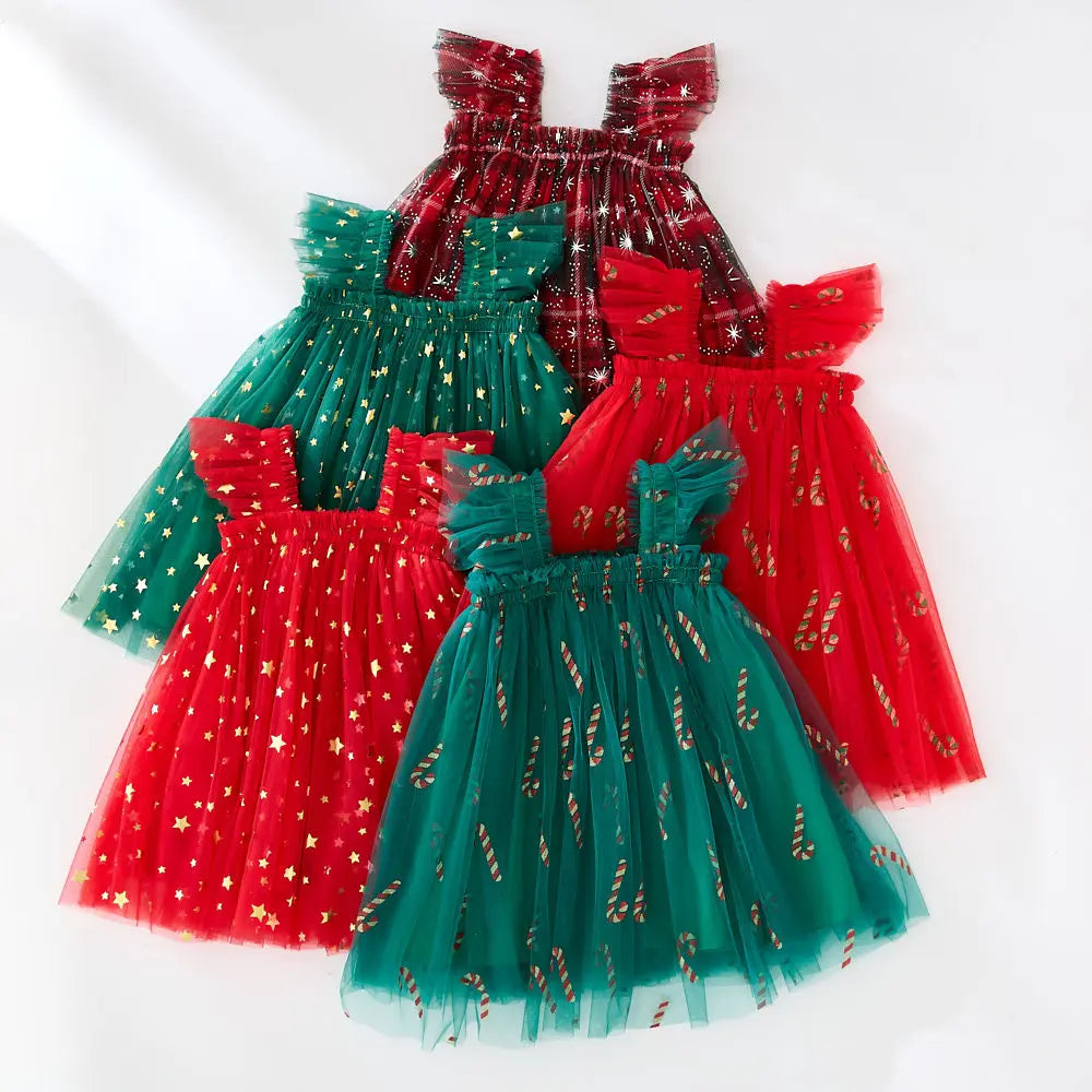 Christmas 2025 Girls Cute Fly Sleeve Star Printed Mesh Puffy Dress Halloween Children Party Photograph Princess Dress 1-6T