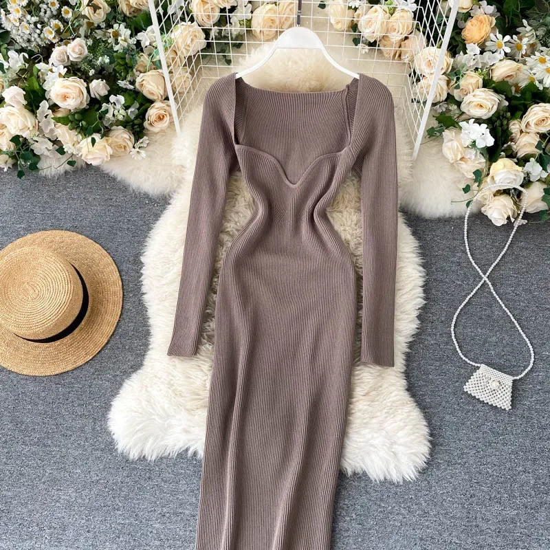 Dresses For Women 2026 Sexy Strapless Ribbed Knitted Bodycon Dress Women Winter Long Sleeve Midi Sweater Dress Clothes