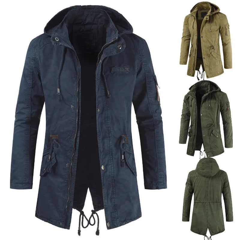 New Mens Jackets Hooded Trench Outerwear Casual Solid Outdoor Coat Military Windbreaker Fashion Windproof Jacket Mens Clothing