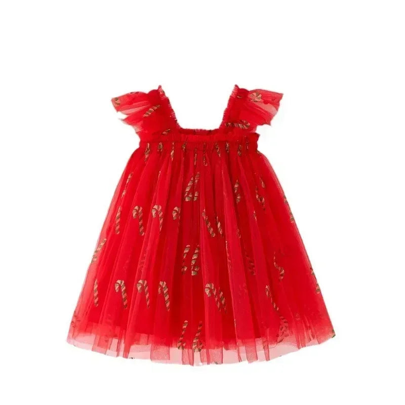 Christmas 2025 Girls Cute Fly Sleeve Star Printed Mesh Puffy Dress Halloween Children Party Photograph Princess Dress 1-6T