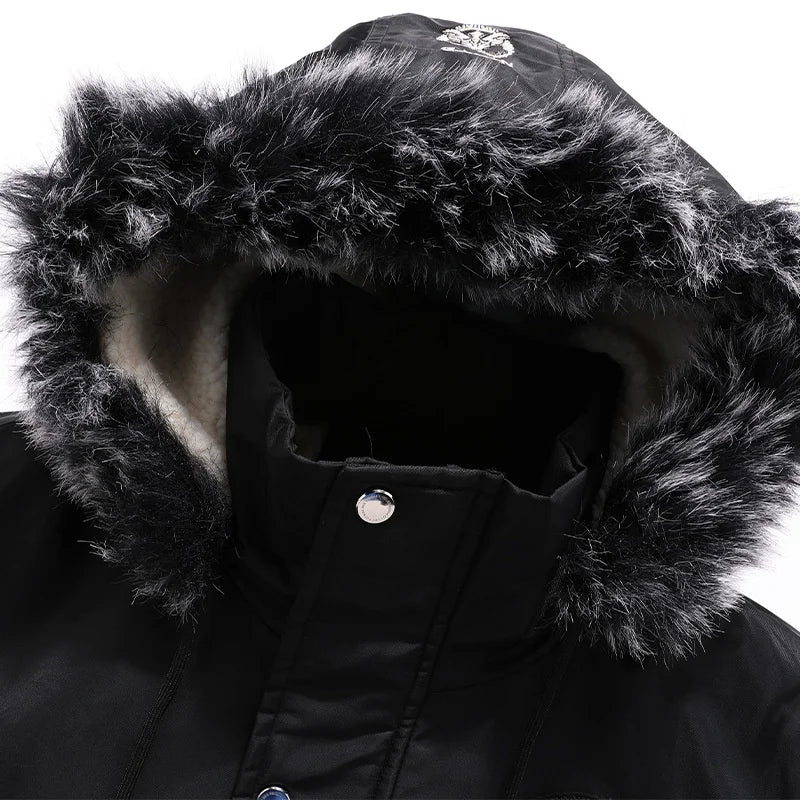 Men's Winter Warm, Hooded Jacket with Raw Edge, Lined Aviator Jacket, Embroidered Badge Design, Windproof and Waterproof Jacket