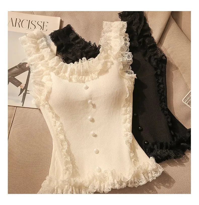 Korean Lace Patchwork Crop Top Women U-Neck Knitted Stretch Tank Top 2025 Summer Female White Lace Stretch Cami