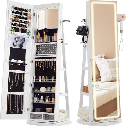 IRONCK LED Mirror Jewelry Cabinet Standing,360° Swivel Lockable Jewelry Armoire with Full Length Mirror and Adjustable LED Light
