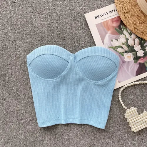 Strapless Western Style Skinny Tanks Camis for Women Summer Casual Solid Colours Female Corset Crop Tube Tops with Built In Bras