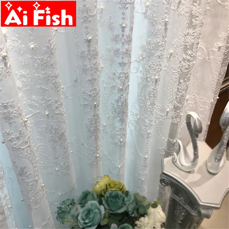 White Elegant Lxury Curtains, Tulle Contain Pearls Embroidery Beads Window Drapes ,Curtain Volie Sheer for Living Room Finished