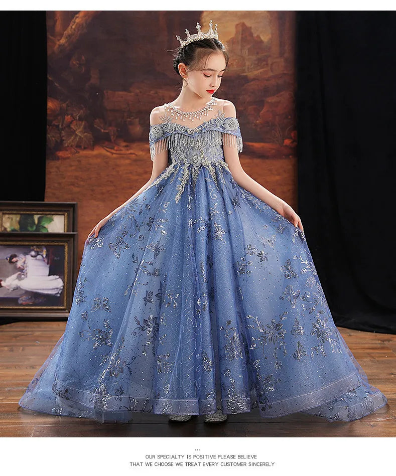 Girl Elegant Off Shoulder Dress Fashion Runway Show Luxurious Princess Dresses for Girls Birthday Party Long Kids Vestidos