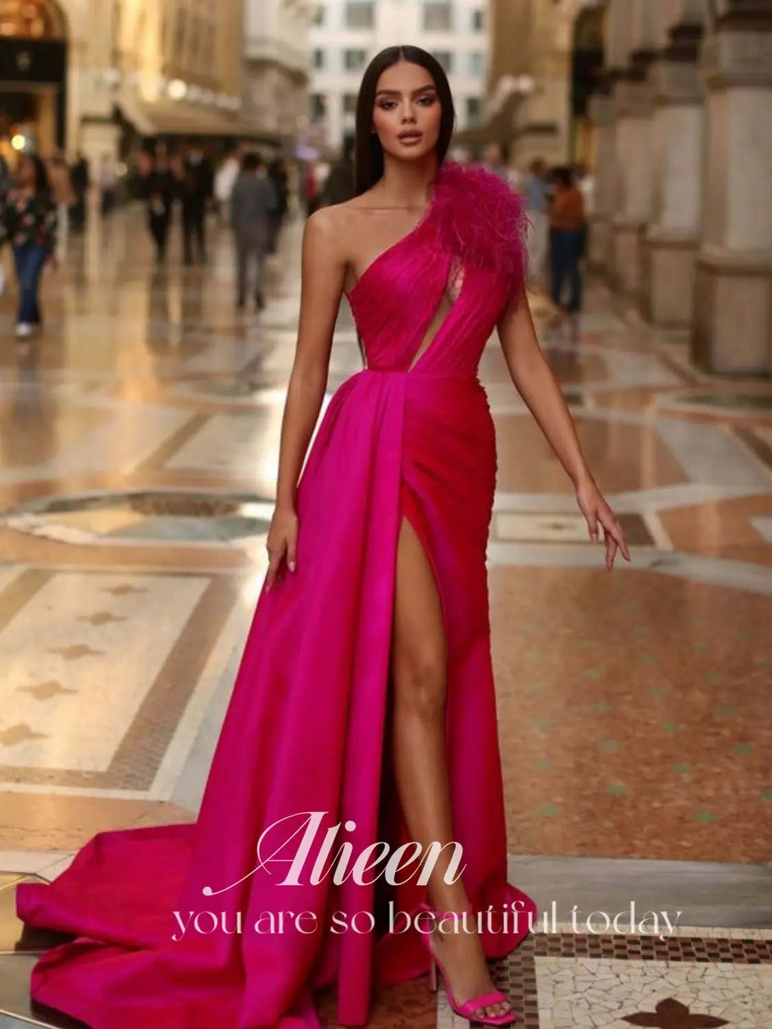 Women's Evening Dress customized Elegant Evening Dresses for Women Luxury Woman Party Dress Es Satin One Shoulder Feather Arab