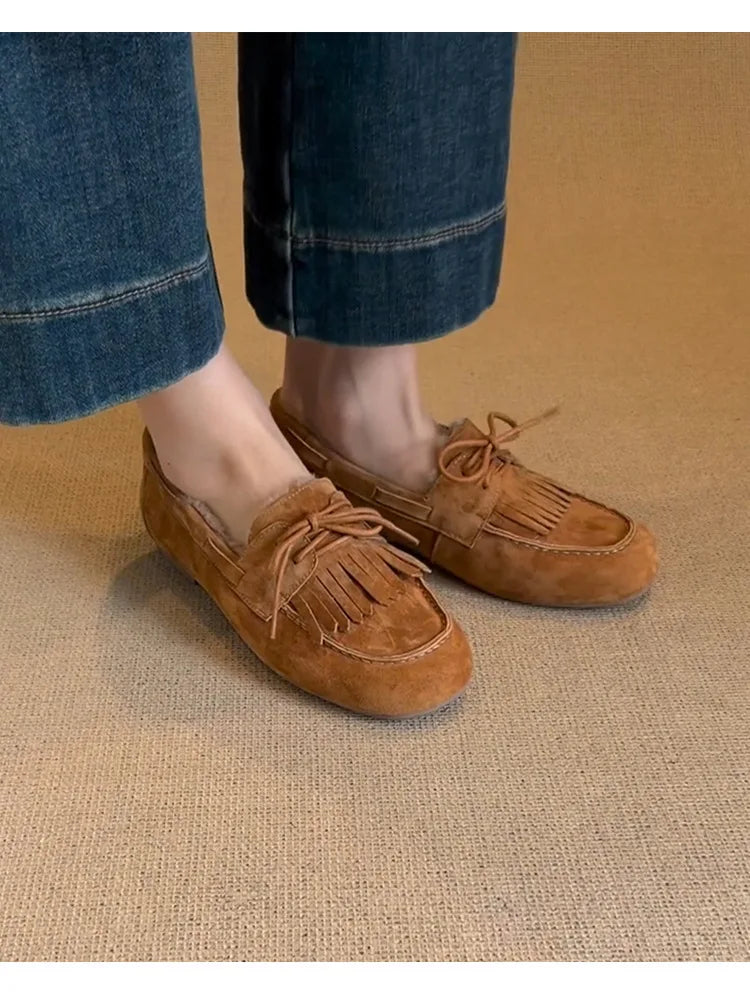 Boots for Women 2025 Hot Sale Warm Women's Flats Daily Casual Flats Women Bow Tie Fringe Round Toe Soft Bottom Boots Ladies