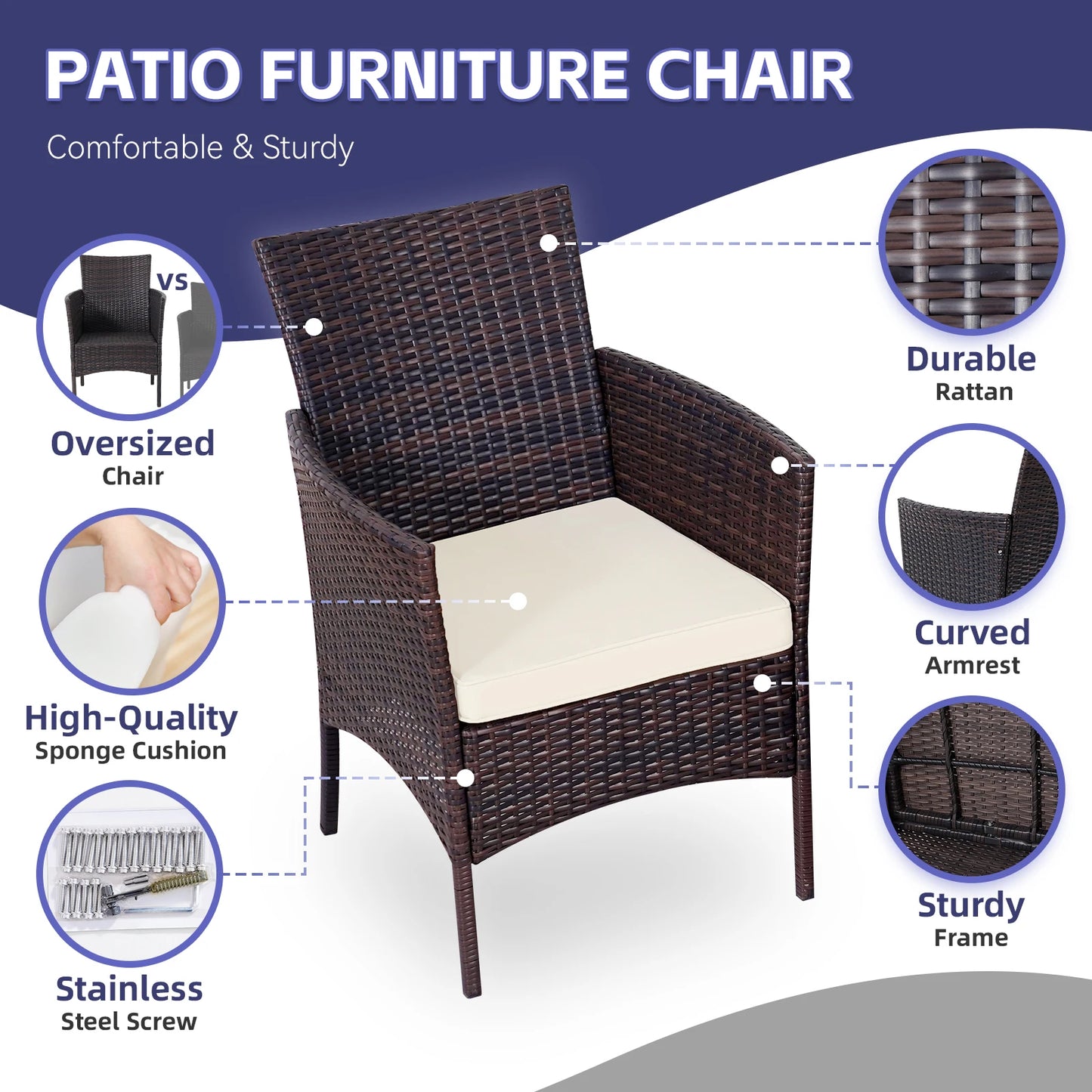 NAGA BAHNA 3-Piece Bistro Set Outdoor Patio Furniture Rattan Chairs Table Soft Cmats Tempered Glass Durable Comfortable Garden