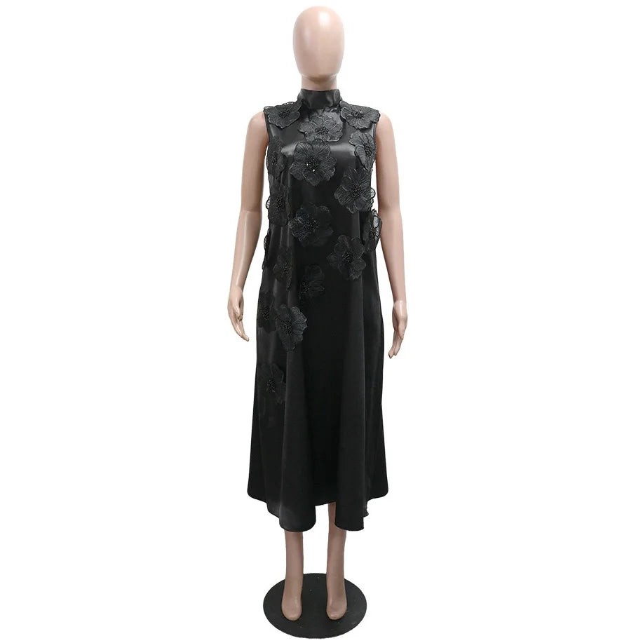 Elegant Dresses for Woman 2025 New O Neck Sleeveless Floral Decorate Straight Ankle Length Fashion Ladies Birthday Party Dress