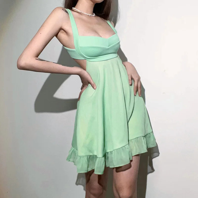Vestidos Elegantes Para Mujer Solid Color Cutout Slim Sling Dress Sexy Backless Ruffle Dress Female