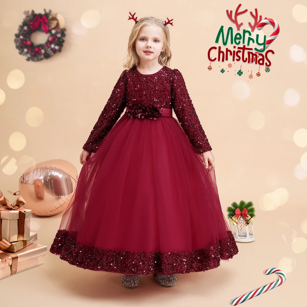 Christmas Princess Dress For Girls Children Costume Long Sleeve Sequin Wedding Evening Vestidos Kids Girl Birthday Party Dresses