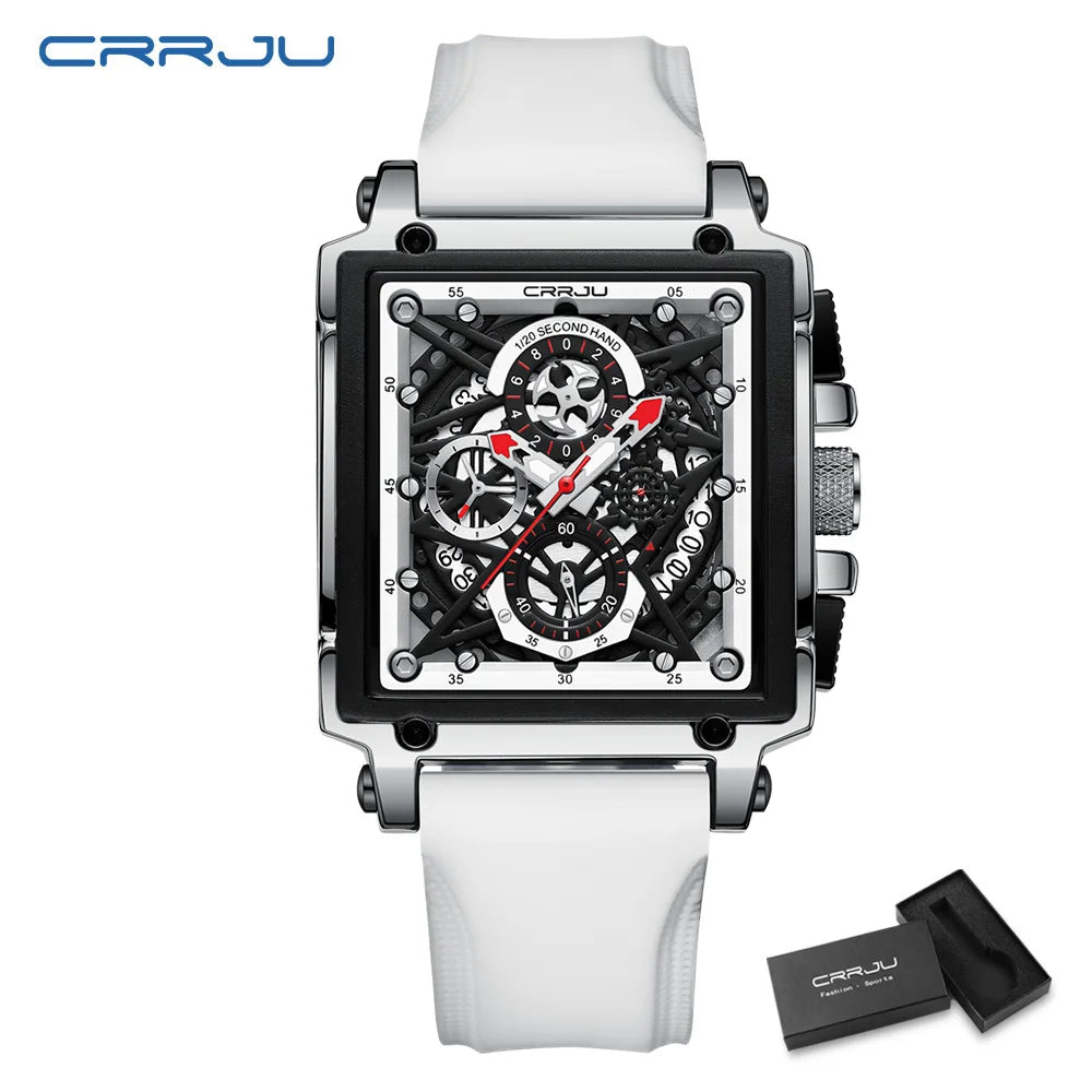CRRJU Fashion Sports Watches with Large Dial Unique RectangularHollow Design Quartz Wristwatches with Chrongraph Auto Date