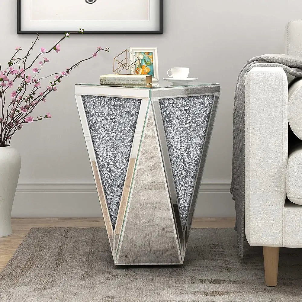 Mirrored End Table Crystal Diamond Setting Coffee Table Silver Glass Side Table Pedestal Stand For Hallway, Living Room,