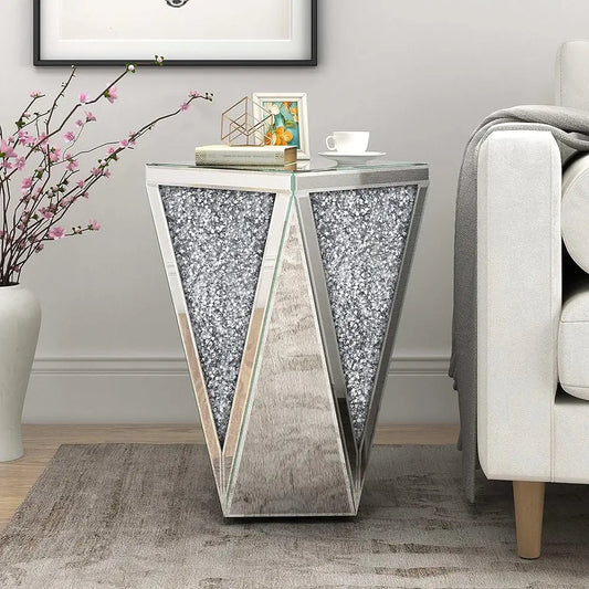Mirrored End Table Crystal Diamond Setting Coffee Table Silver Glass Side Table Pedestal Stand For Hallway, Living Room,