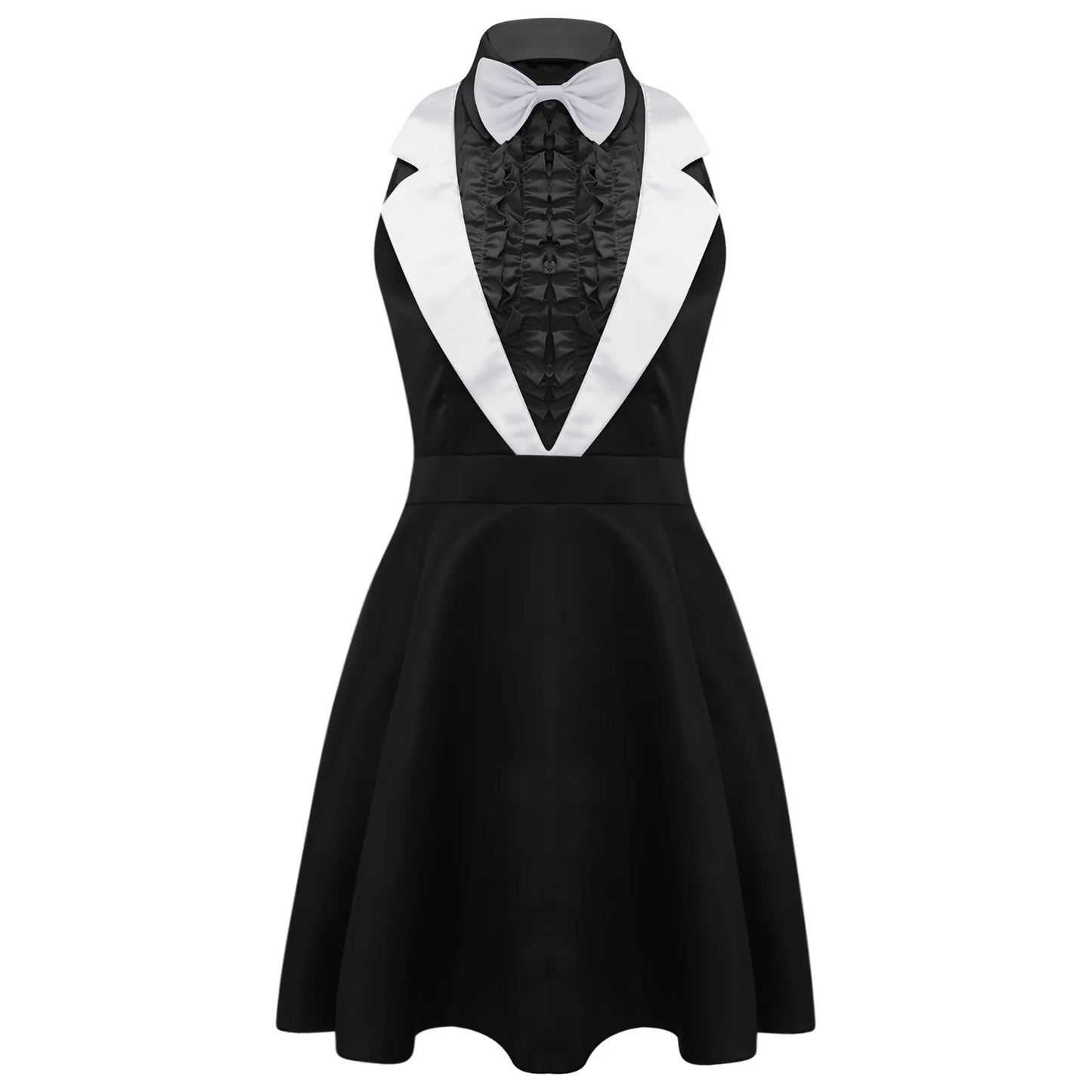 Womens 70s 80s Dumber Maid Dresses Lapel Ruffled Chest A-line Dress And Bowtie Rave Outfits Halloween Waitress Cosplay Costume