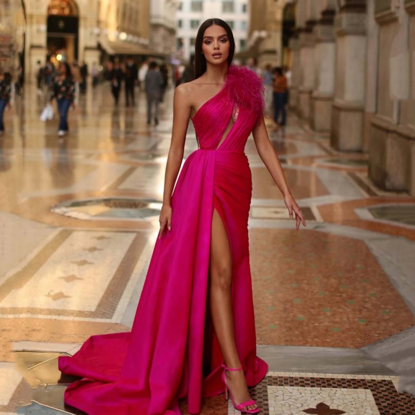 Women's Evening Dress customized Elegant Evening Dresses for Women Luxury Woman Party Dress Es Satin One Shoulder Feather Arab