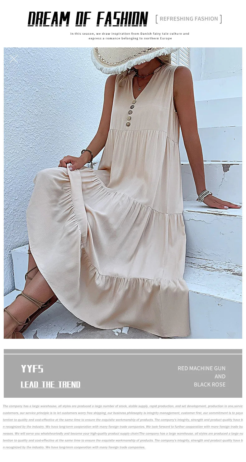Dresses for Women 2025 Summer V-neck Single-breasted Vest Dress Sleeveless Loose Casual Solid Color Dress Vestidos De Mujer