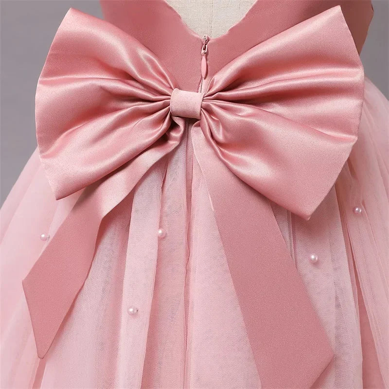 Toddler Girl 1st Birthday Tulle Dress Backless Bow Beading Gown Kids Christmas Wedding Party Princess Dress Baby Girl Dresses
