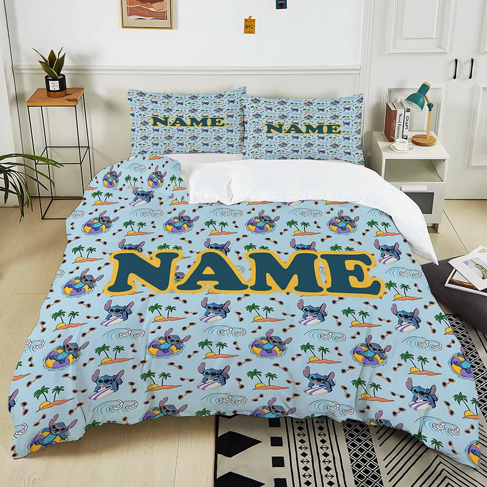 Custom Name Stitch Cartoon Printed Bedding Set Cartoon Anime Duvet Cover Comforter Pillowcase Boys Girls Children Adults King