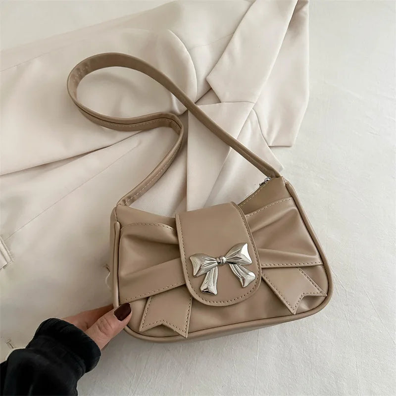 Sweet Bow Small Underarm Bag for Women Fashion PU Leather Ladies Portable Shoulder Bags Solid Color Female Clutch Handbags