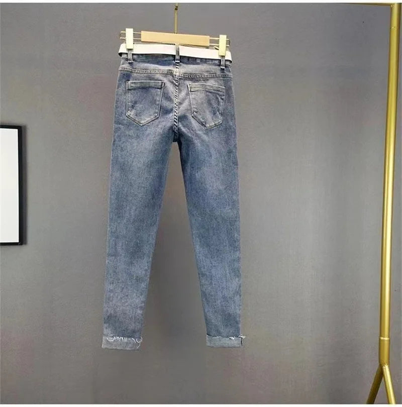 2025 Ladies Jeans Heavy Industry Rhinestone Skinny Jeans Women Spring Summer High Waist Denim Pants Korean Street Stretch Pants