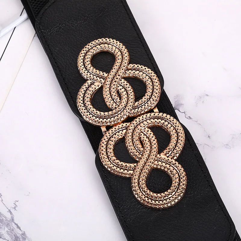 Womens Wide Elastic Belt Stretch Leather Belt Gold Buckle Belts for Dress S-XXL
