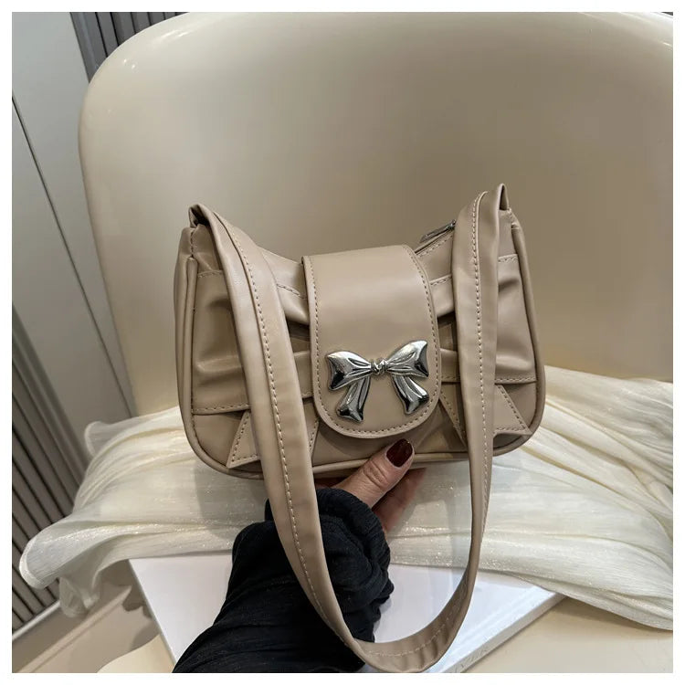 Sweet Bow Small Underarm Bag for Women Fashion PU Leather Ladies Portable Shoulder Bags Solid Color Female Clutch Handbags