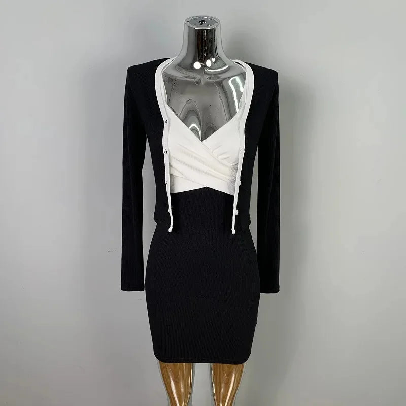 Korean Dongdaemun Slim Fit Sexy Pure Desire Wrap Body Strap Dress Long Sleeve Cardigan Two Piece Set Women's Fashion Outfit
