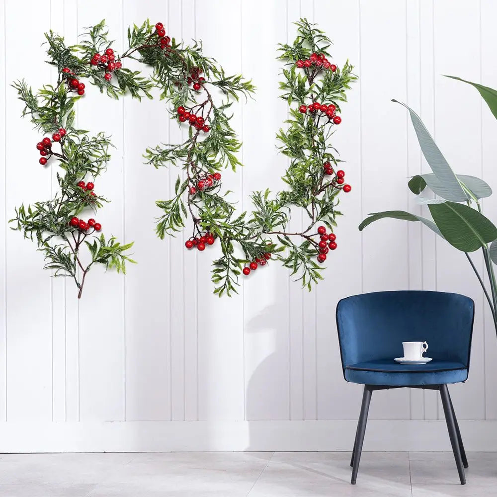 Gift Xmas Tree Ornament Leaves Branches Artificial Red Berries Christmas Decorative Garland Pine Cones Vine Hanging Wreath