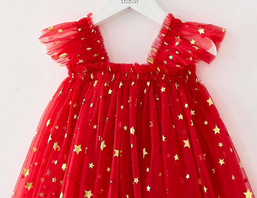 Christmas 2025 Girls Cute Fly Sleeve Star Printed Mesh Puffy Dress Halloween Children Party Photograph Princess Dress 1-6T