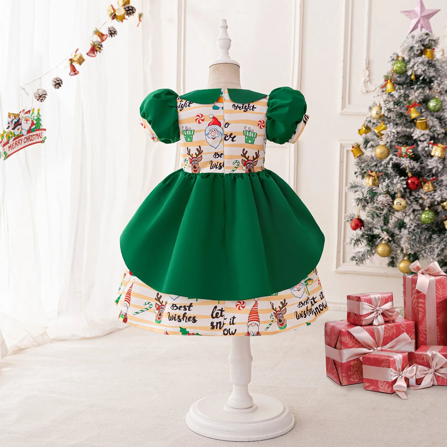 Christmas Dresses Girl Cartoon Print Princess Dress Children Red and Green Sequined Mesh Puff BalL Gown Carnival Clothes