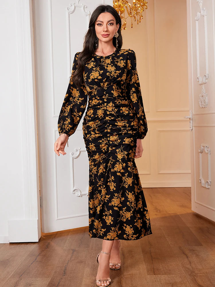 Women Dress Fashion Black Elegant Ladies Floral Dress New Autumn Long Sleeve O-Neck Fold Long Dresses For Women New Arrival 2024