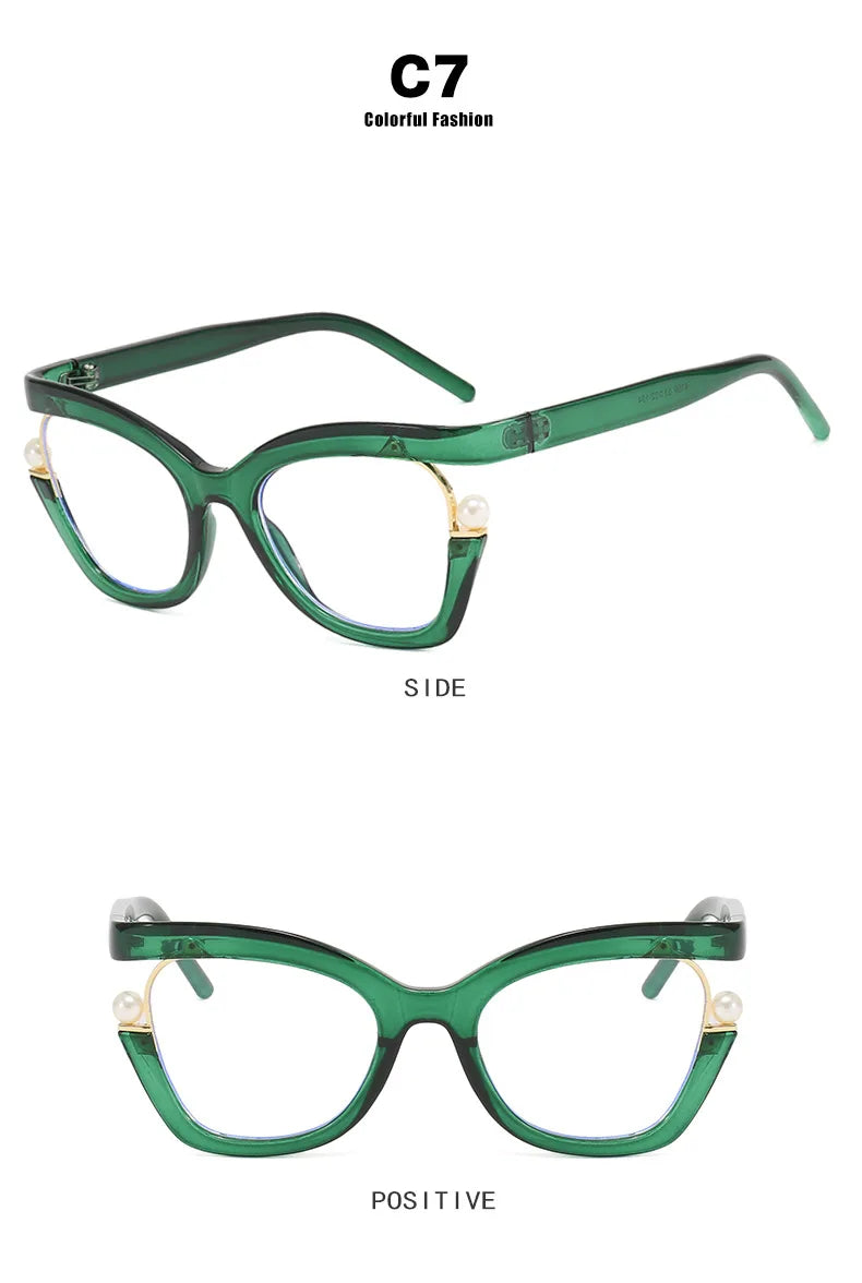 Vintage Brand Designer Pearl Cat Eye Optical Glasses Men Women Trendy Luxury Computer Anti-Blue Light Protection Spectacle Очки