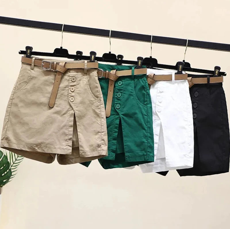 Chic Shorts Women Belt Korean Solid Buttons Side Slit A-line Streetwear Fashion Skirts Chic Harajuku Summer Loose Pants