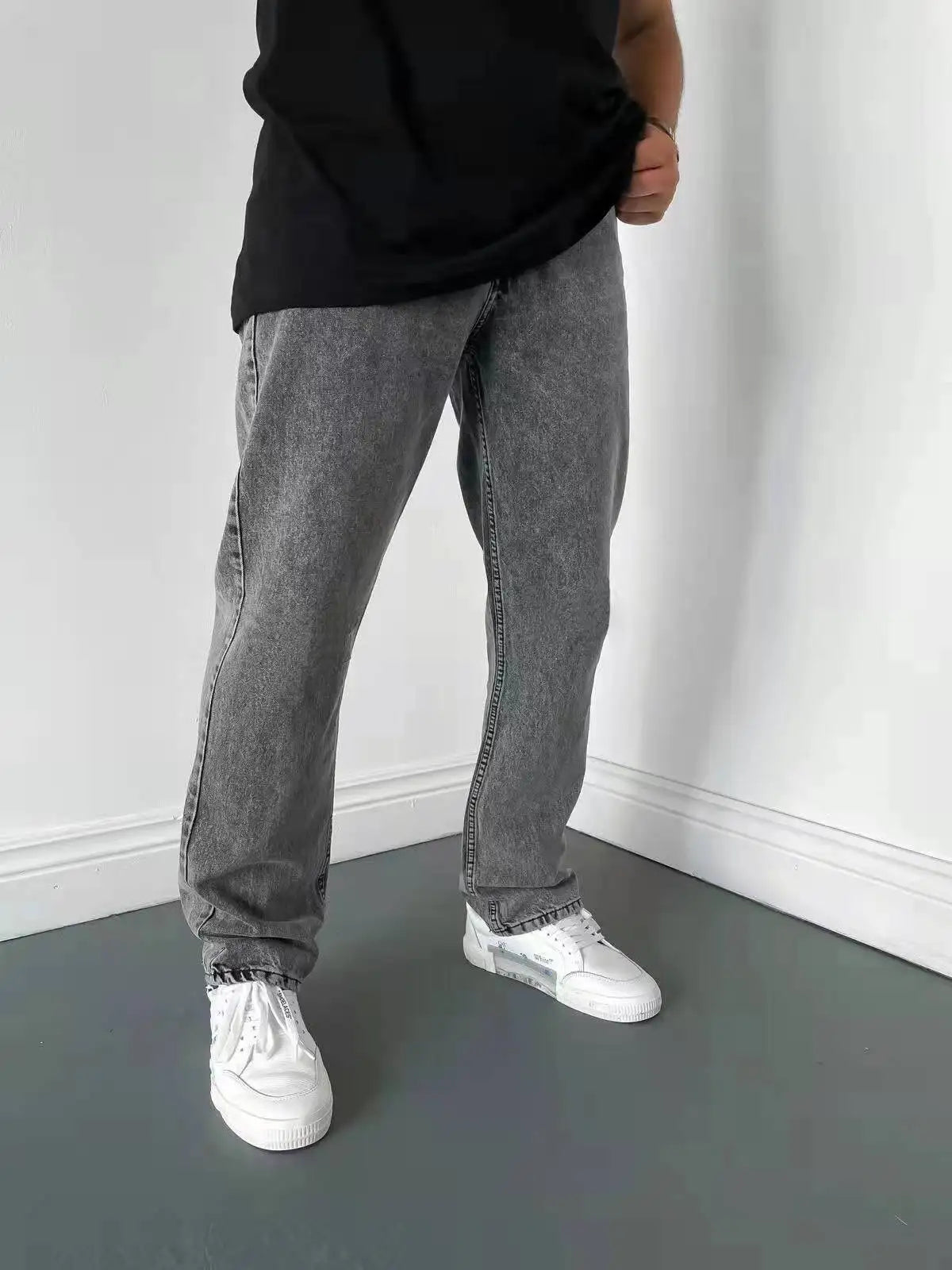 Men Comfortable Straight Casual Jeans Male Soft Baggy Outside Denim Pants Classic Elastic Waist Solid Office Work Denim Trousers