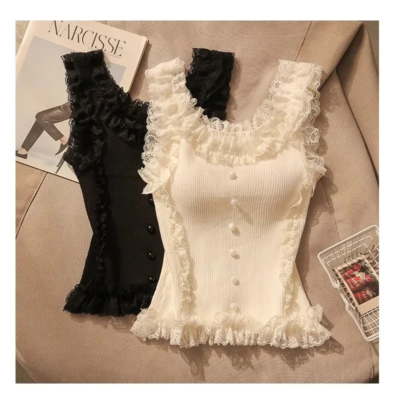 Korean Lace Patchwork Crop Top Women U-Neck Knitted Stretch Tank Top 2025 Summer Female White Lace Stretch Cami