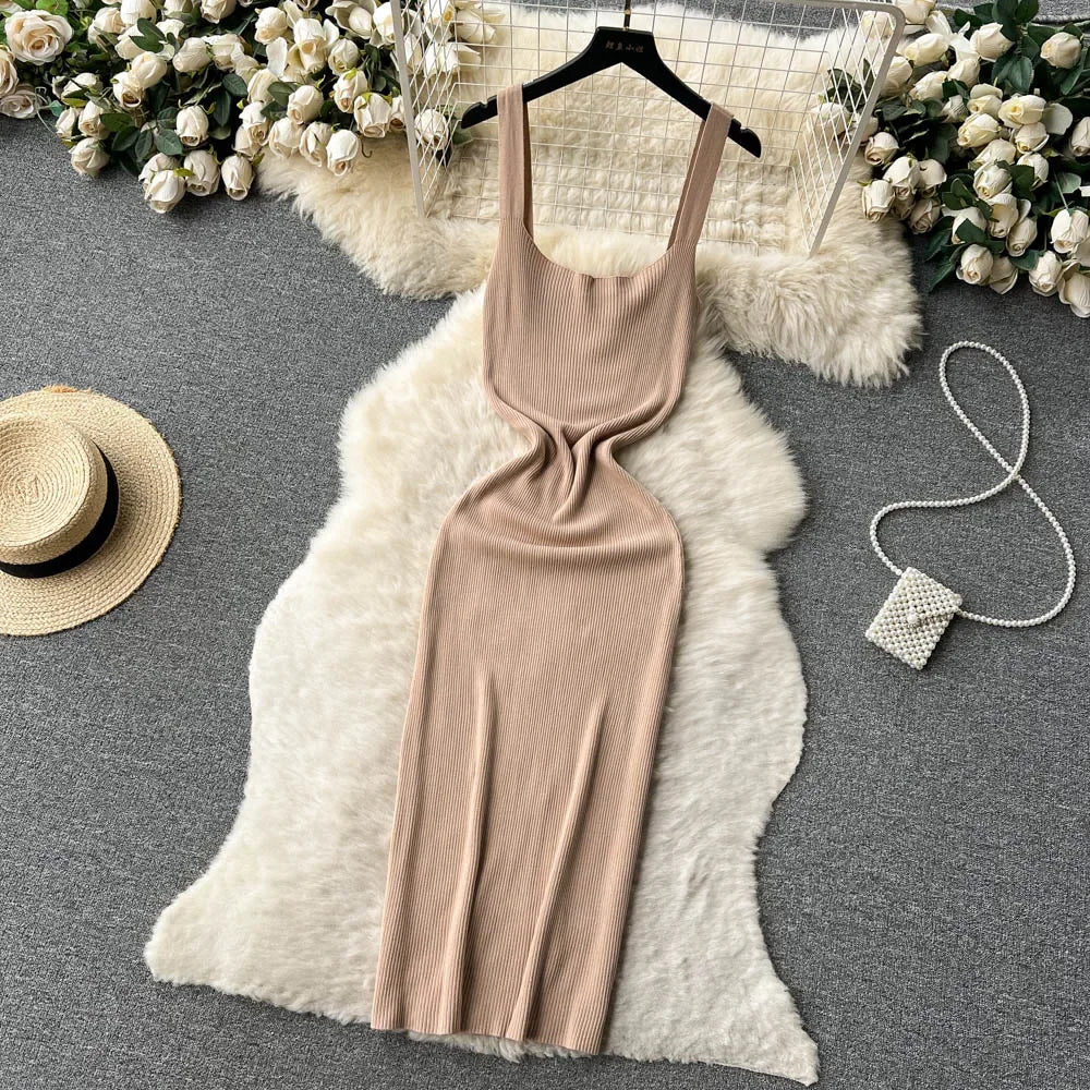 Summer Knit Sexy Strap Dress Women Tank Elatic Waist Bodycon Sundress Female Beach  Backless Maxi Long Dress